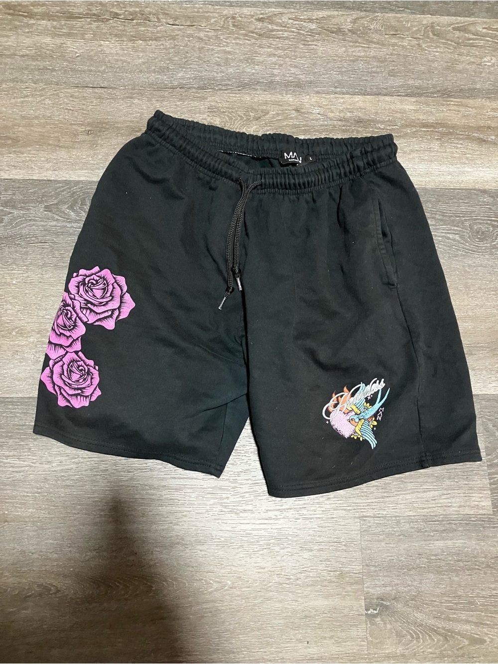 Men's Black Athletic Shorts with Pink Rose & Multicolor Crest